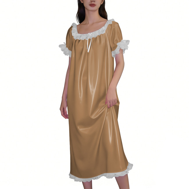 Chic Glossy Leather PVC Loose Dress Wetlook Nightgown Short Sleeve with White Lace Ruffle Trim Long Dress Elegant Nightwear 7XL