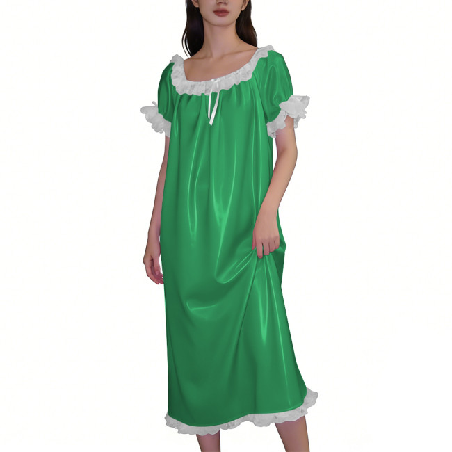 Chic Glossy Leather PVC Loose Dress Wetlook Nightgown Short Sleeve with White Lace Ruffle Trim Long Dress Elegant Nightwear 7XL