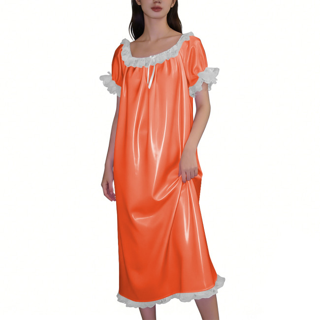 Chic Glossy Leather PVC Loose Dress Wetlook Nightgown Short Sleeve with White Lace Ruffle Trim Long Dress Elegant Nightwear 7XL