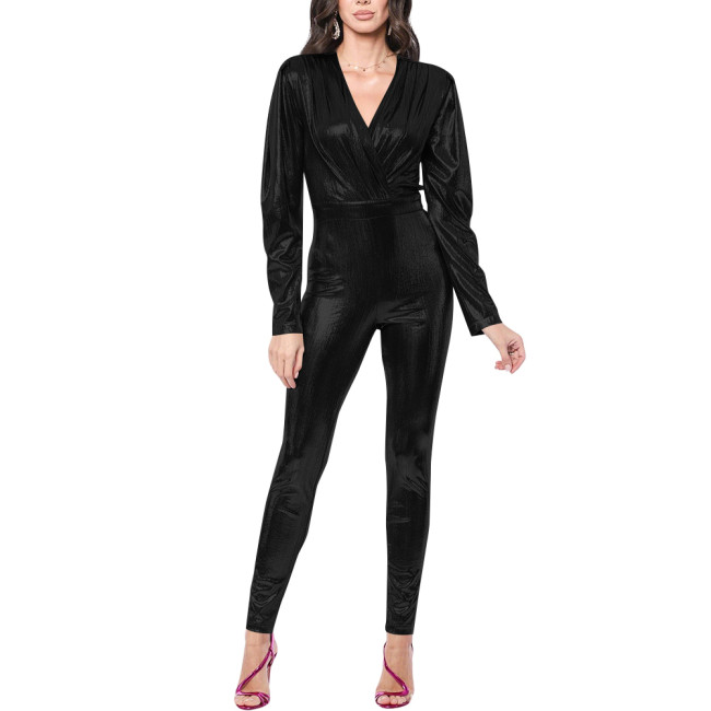 Womens Long Sleeve Metallic Shiny Catsuit Fashion High Street Ladies Club Jumpsuits Elegant V-neck Party Pencil Rompers Zentai