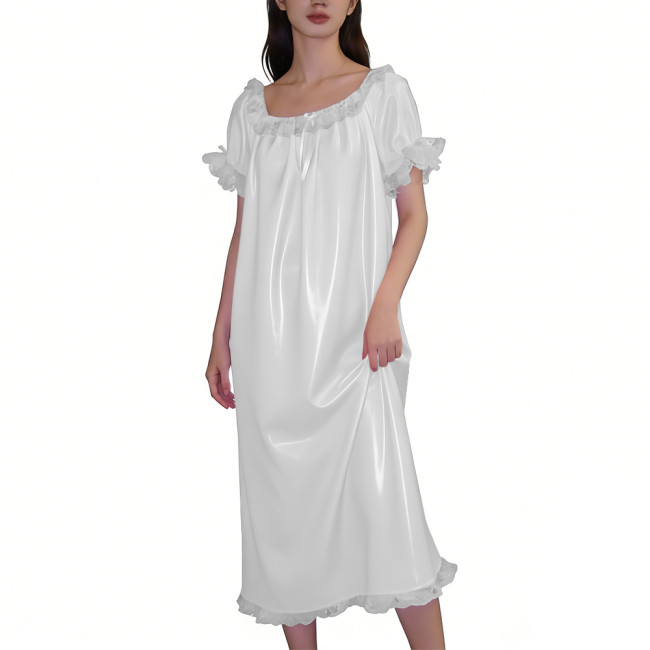 Chic Glossy Leather PVC Loose Dress Wetlook Nightgown Short Sleeve with White Lace Ruffle Trim Long Dress Elegant Nightwear 7XL