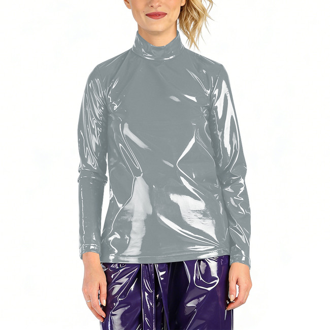 Glossy PVC Leather Casual Top for Women Long Sleeve Turtleneck Shiny Fashion T-shirt Top High Street Club Blouse Wetlook Outfits