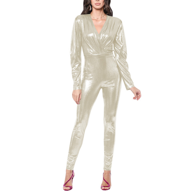 Womens Long Sleeve Metallic Shiny Catsuit Fashion High Street Ladies Club Jumpsuits Elegant V-neck Party Pencil Rompers Zentai