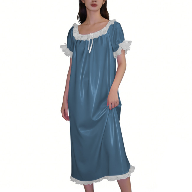 Chic Glossy Leather PVC Loose Dress Wetlook Nightgown Short Sleeve with White Lace Ruffle Trim Long Dress Elegant Nightwear 7XL