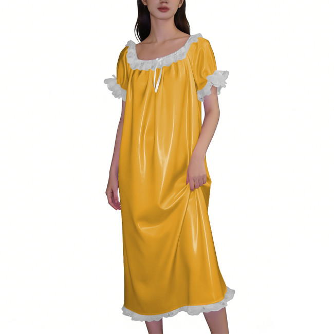 Chic Glossy Leather PVC Loose Dress Wetlook Nightgown Short Sleeve with White Lace Ruffle Trim Long Dress Elegant Nightwear 7XL