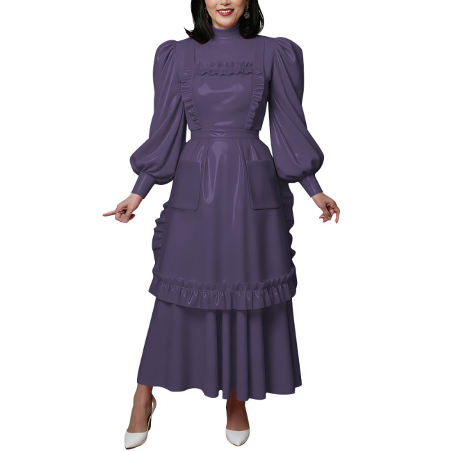 Vintage Shiny PVC Maxi Maid Dress with Apron Elegant High Neck Puff Long Sleeve Ruffled Dress Lolita Style Party Cosplay Outfits