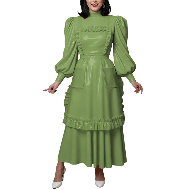 Vintage Shiny PVC Maxi Maid Dress with Apron Elegant High Neck Puff Long Sleeve Ruffled Dress Lolita Style Party Cosplay Outfits