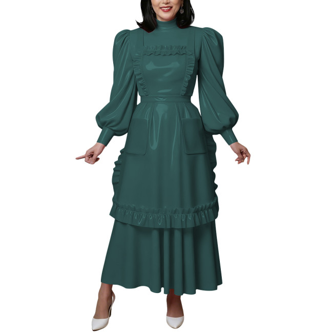 Vintage Shiny PVC Maxi Maid Dress with Apron Elegant High Neck Puff Long Sleeve Ruffled Dress Lolita Style Party Cosplay Outfits