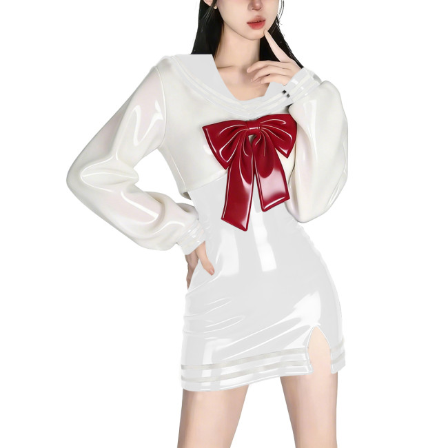 Womens Anime Sailor Dress Sets Shiny PVC Bodycon Mini Sling Dress and Long Sleeve Crop Top with Big Red Bow Cosplay Party Outfit