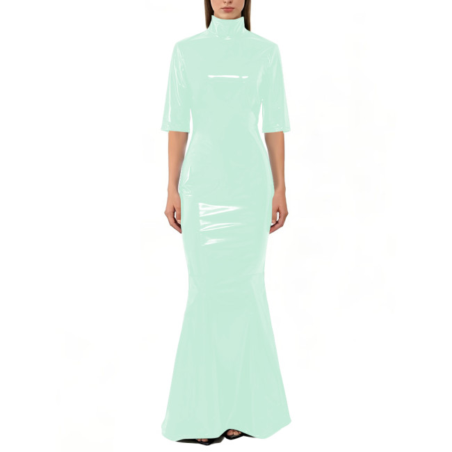 Vinyl PVC Leather Mermaid Maxi Dress Fashion High Neck Half Sleeve Bodycon Dress Womens Shiny Wetlook Evening Party Prom Gown