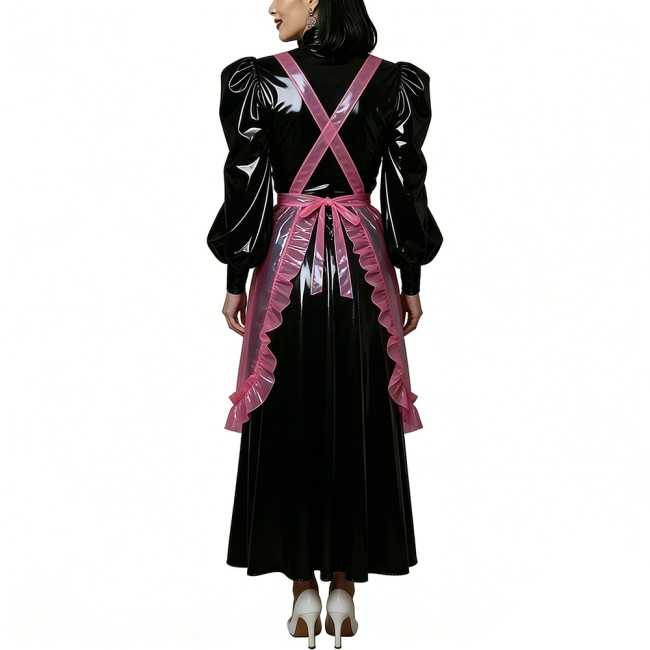 Sissy Gothic Maid Uniforms Long Puff Sleeve Glossy Black Dress with Clear PVC Apron Halloween Cosplay Party Fancy Dress Outfit