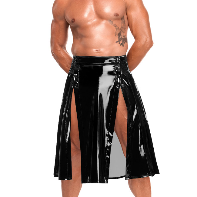 Mens Sissy Double Button Split Midi Skirts Gothic Sexy High Waist Flared Skirt Shiny Wet Look PVC Party Club Skirts Performance