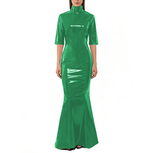 Vinyl PVC Leather Mermaid Maxi Dress Fashion High Neck Half Sleeve Bodycon Dress Womens Shiny Wetlook Evening Party Prom Gown