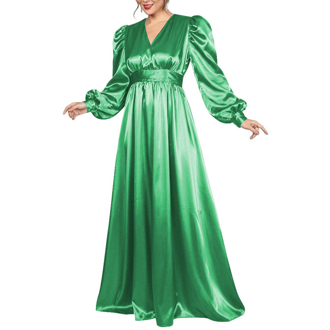 Evening Party Satin Maxi Dress for Women Elegant V Neck Puff Long Sleeve A-line Dress Plus Size Empire Waist Cocktail Prom Gown