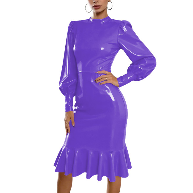 Plus Size Chic PVC Midi Dress Women Elegant Mock Neck Puff Long Sleeve Ruffle Hem Bodycon Dress Wet Look Cocktail Party Dress