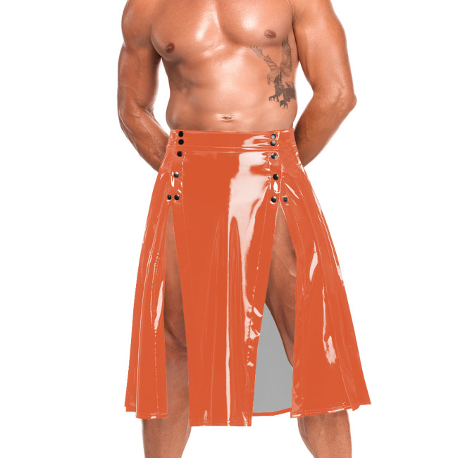 Mens Sissy Double Button Split Midi Skirts Gothic Sexy High Waist Flared Skirt Shiny Wet Look PVC Party Club Skirts Performance