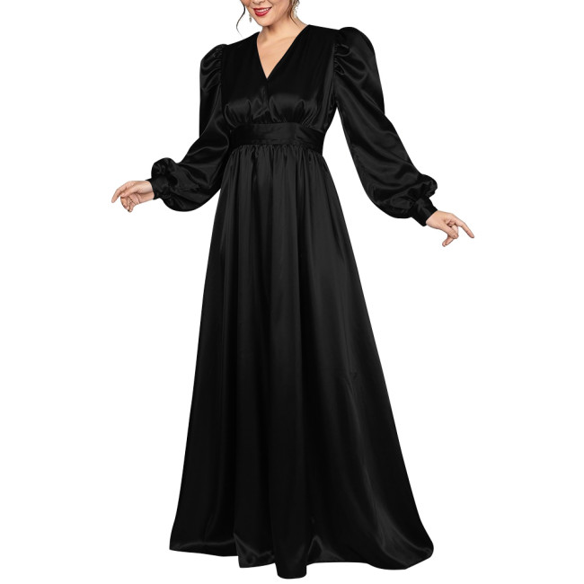 Evening Party Satin Maxi Dress for Women Elegant V Neck Puff Long Sleeve A-line Dress Plus Size Empire Waist Cocktail Prom Gown