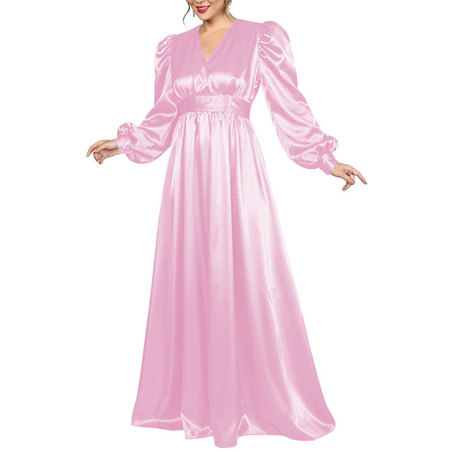 Evening Party Satin Maxi Dress for Women Elegant V Neck Puff Long Sleeve A-line Dress Plus Size Empire Waist Cocktail Prom Gown