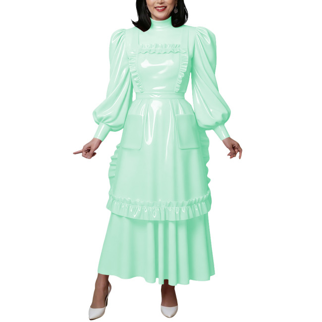 Vintage Shiny PVC Maxi Maid Dress with Apron Elegant High Neck Puff Long Sleeve Ruffled Dress Lolita Style Party Cosplay Outfits