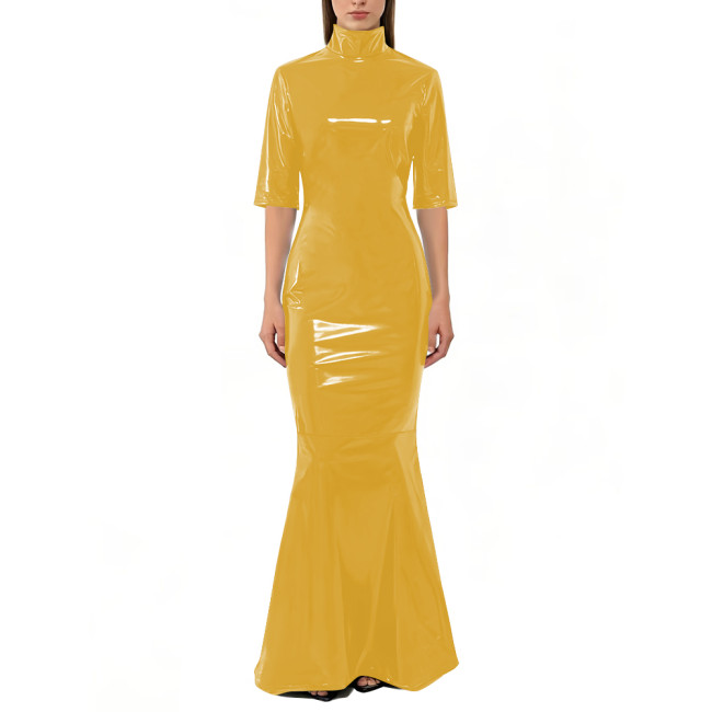 Vinyl PVC Leather Mermaid Maxi Dress Fashion High Neck Half Sleeve Bodycon Dress Womens Shiny Wetlook Evening Party Prom Gown