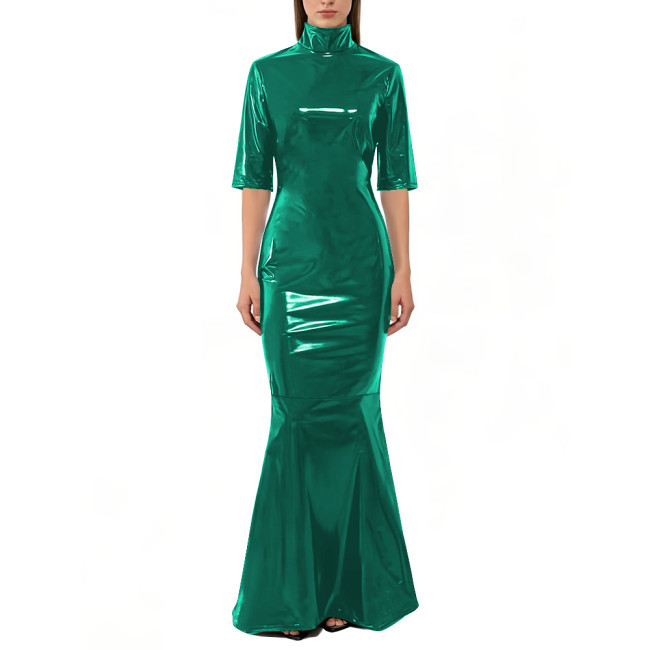 Vinyl PVC Leather Mermaid Maxi Dress Fashion High Neck Half Sleeve Bodycon Dress Womens Shiny Wetlook Evening Party Prom Gown
