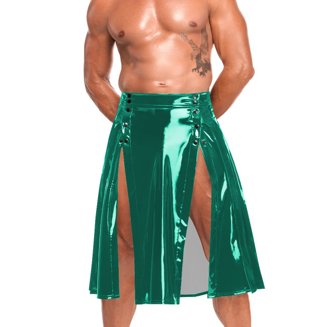 Mens Sissy Double Button Split Midi Skirts Gothic Sexy High Waist Flared Skirt Shiny Wet Look PVC Party Club Skirts Performance