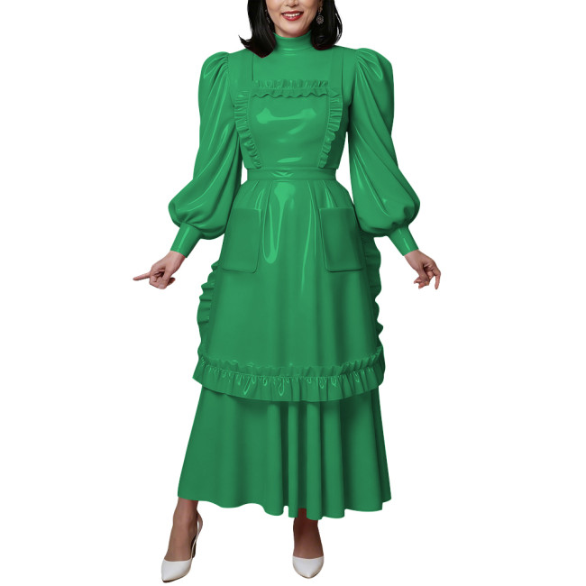 Vintage Shiny PVC Maxi Maid Dress with Apron Elegant High Neck Puff Long Sleeve Ruffled Dress Lolita Style Party Cosplay Outfits