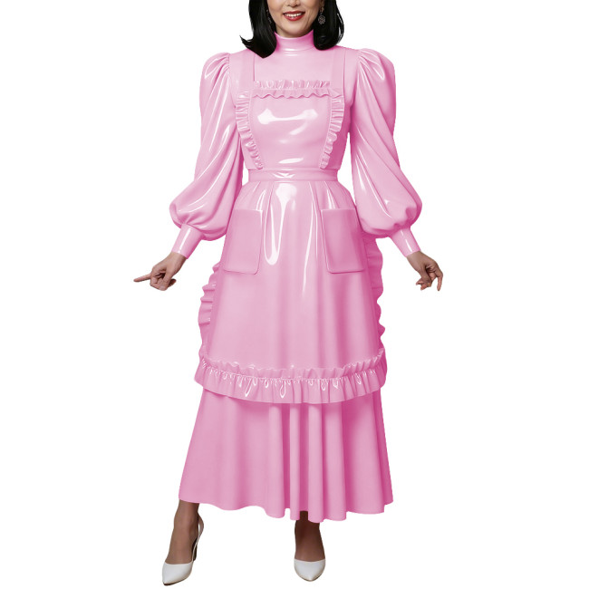 Vintage Shiny PVC Maxi Maid Dress with Apron Elegant High Neck Puff Long Sleeve Ruffled Dress Lolita Style Party Cosplay Outfits