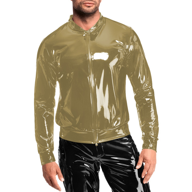 Trendy Shiny Leather PVC High Street Jacket  Mens Glossy Wet Look Long Sleeve Zip-up Jacket Fashion Nightclub Coats Clubwear