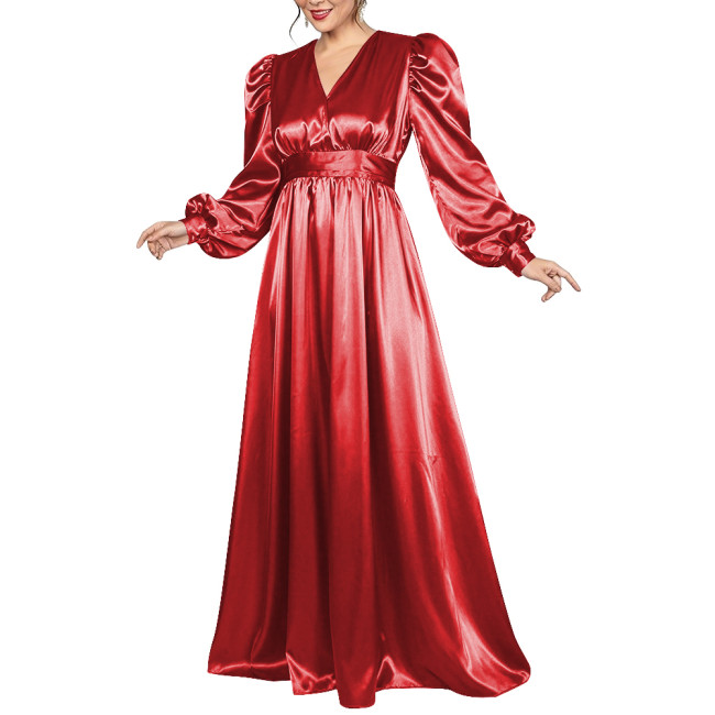 Evening Party Satin Maxi Dress for Women Elegant V Neck Puff Long Sleeve A-line Dress Plus Size Empire Waist Cocktail Prom Gown