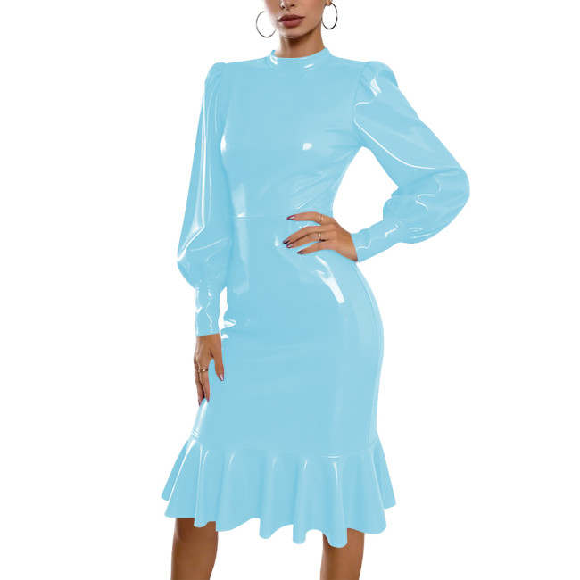 Plus Size Chic PVC Midi Dress Women Elegant Mock Neck Puff Long Sleeve Ruffle Hem Bodycon Dress Wet Look Cocktail Party Dress