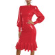 Plus Size Chic PVC Midi Dress Women Elegant Mock Neck Puff Long Sleeve Ruffle Hem Bodycon Dress Wet Look Cocktail Party Dress
