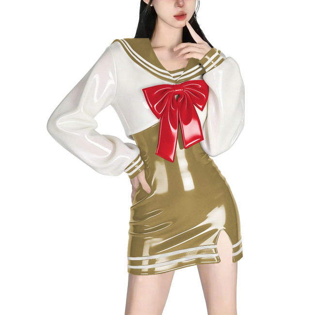 Womens Anime Sailor Dress Sets Shiny PVC Bodycon Mini Sling Dress and Long Sleeve Crop Top with Big Red Bow Cosplay Party Outfit