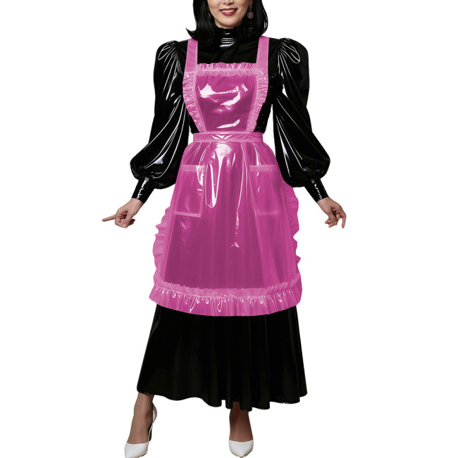 Sissy Gothic Maid Uniforms Long Puff Sleeve Glossy Black Dress with Clear PVC Apron Halloween Cosplay Party Fancy Dress Outfit