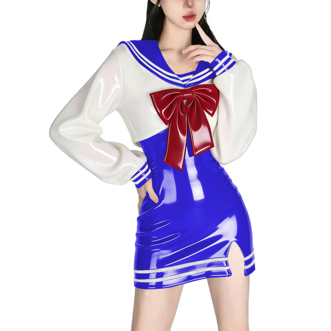 Womens Anime Sailor Dress Sets Shiny PVC Bodycon Mini Sling Dress and Long Sleeve Crop Top with Big Red Bow Cosplay Party Outfit