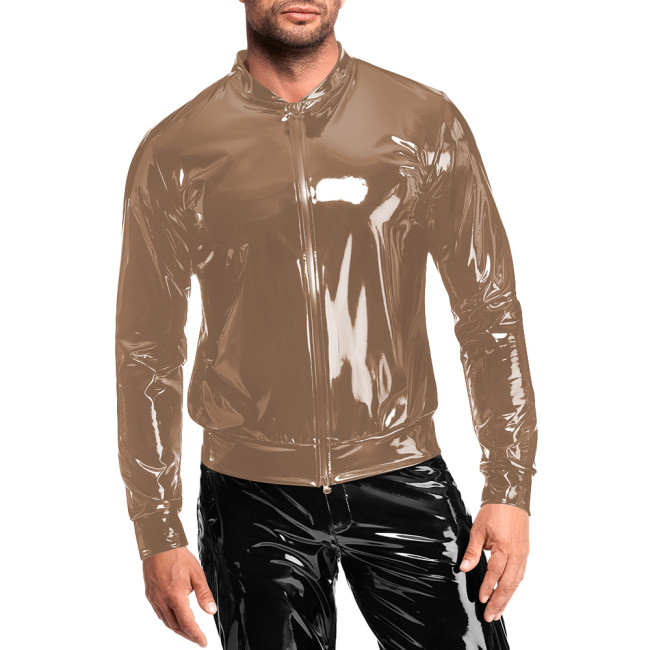 Trendy Shiny Leather PVC High Street Jacket  Mens Glossy Wet Look Long Sleeve Zip-up Jacket Fashion Nightclub Coats Clubwear