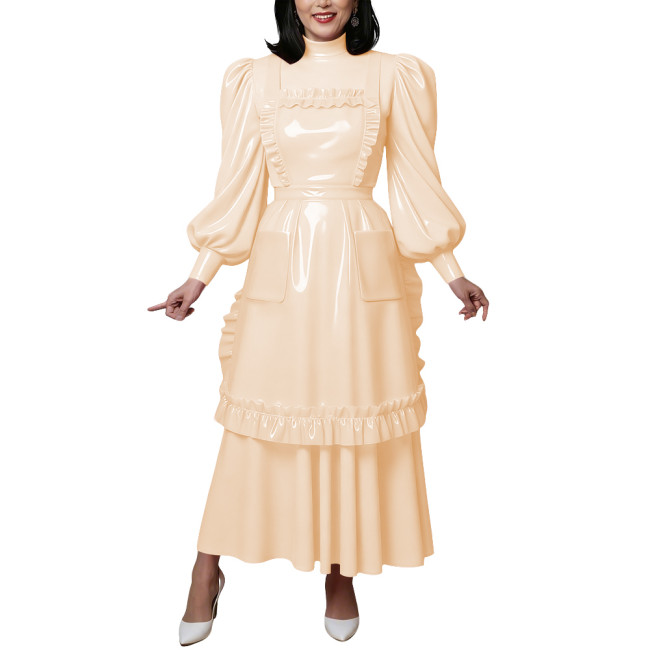 Vintage Shiny PVC Maxi Maid Dress with Apron Elegant High Neck Puff Long Sleeve Ruffled Dress Lolita Style Party Cosplay Outfits
