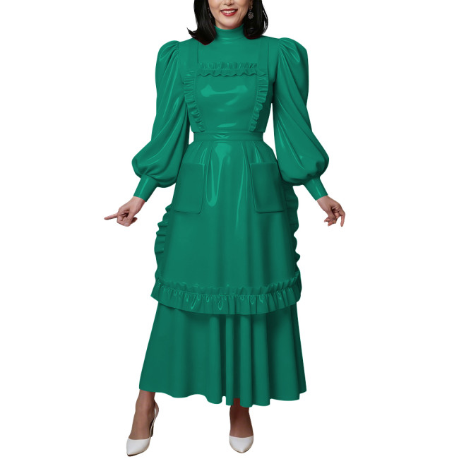 Vintage Shiny PVC Maxi Maid Dress with Apron Elegant High Neck Puff Long Sleeve Ruffled Dress Lolita Style Party Cosplay Outfits