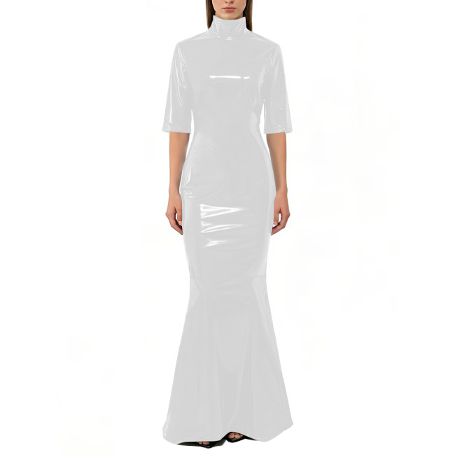 Vinyl PVC Leather Mermaid Maxi Dress Fashion High Neck Half Sleeve Bodycon Dress Womens Shiny Wetlook Evening Party Prom Gown
