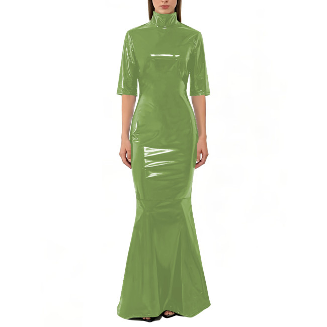 Vinyl PVC Leather Mermaid Maxi Dress Fashion High Neck Half Sleeve Bodycon Dress Womens Shiny Wetlook Evening Party Prom Gown