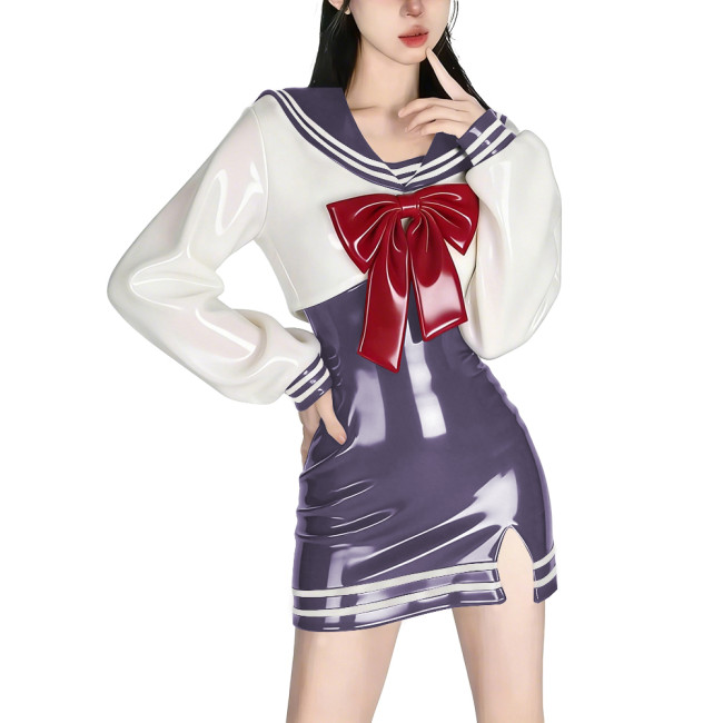 Womens Anime Sailor Dress Sets Shiny PVC Bodycon Mini Sling Dress and Long Sleeve Crop Top with Big Red Bow Cosplay Party Outfit