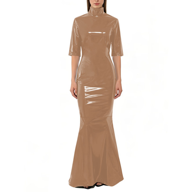 Vinyl PVC Leather Mermaid Maxi Dress Fashion High Neck Half Sleeve Bodycon Dress Womens Shiny Wetlook Evening Party Prom Gown