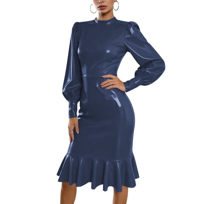 Plus Size Chic PVC Midi Dress Women Elegant Mock Neck Puff Long Sleeve Ruffle Hem Bodycon Dress Wet Look Cocktail Party Dress