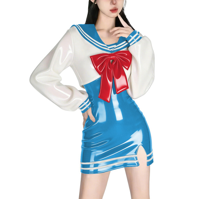 Womens Anime Sailor Dress Sets Shiny PVC Bodycon Mini Sling Dress and Long Sleeve Crop Top with Big Red Bow Cosplay Party Outfit