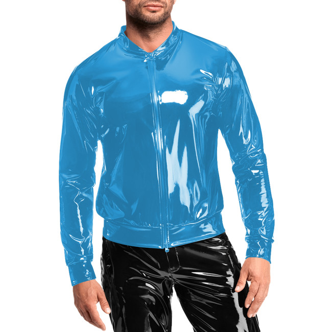 Trendy Shiny Leather PVC High Street Jacket  Mens Glossy Wet Look Long Sleeve Zip-up Jacket Fashion Nightclub Coats Clubwear
