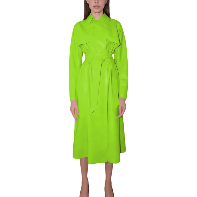 Women's Shiny Faux Leather Trench Coat with Belt Long Sleeve High Street Midi Dress Elegant Glossy Wet Look Outfit for Party 8XL