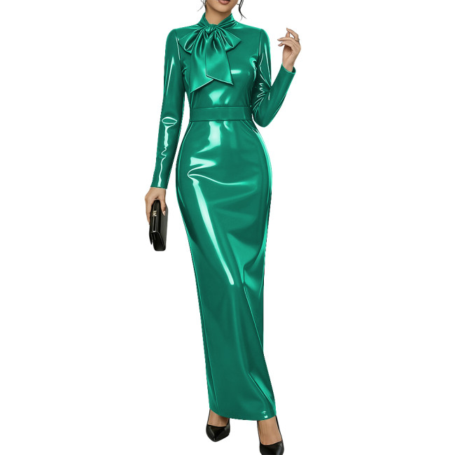 Elegant Cocktail Party Glossy Long Dresses Long Sleeve Bow Tie Neck Slim Maxi Gown Plus Size PVC Shiny Evening Pencil Dress 8XL