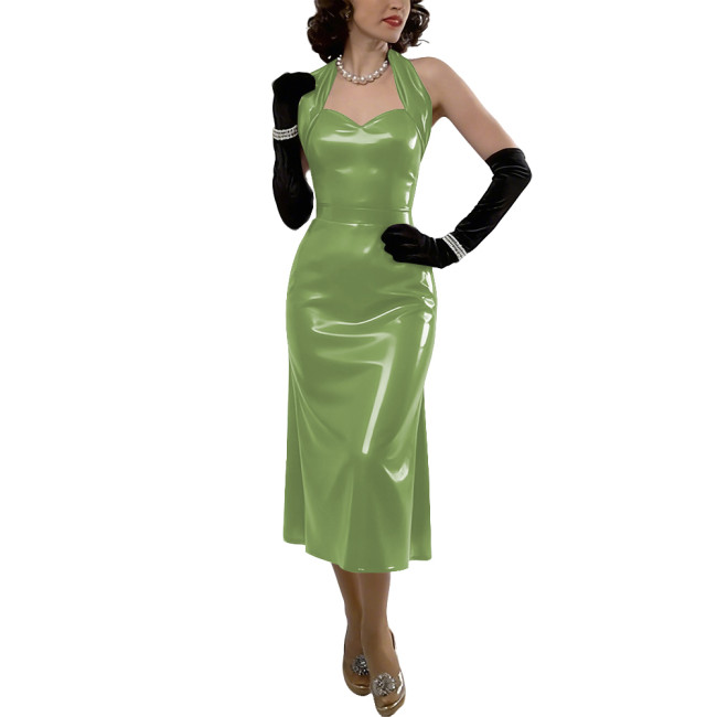 Womens Sexy Vinyl Leather Halter Midi Dress Formal Club Glossy PVC Backless A-Line Dress Summer Ladies Party Outfit No Gloves