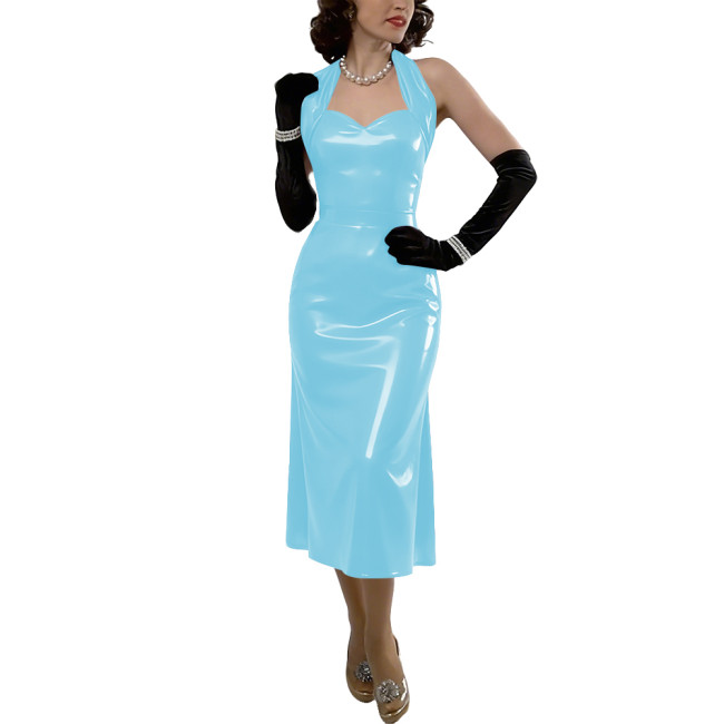 Womens Sexy Vinyl Leather Halter Midi Dress Formal Club Glossy PVC Backless A-Line Dress Summer Ladies Party Outfit No Gloves