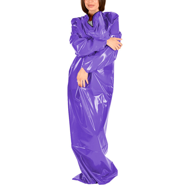 Glossy Leather Long Sleeve Hooded Bodysuit for Womens Wetlook Bondage Body Sack for Club Party Festival Cosplay Loose Catsuit